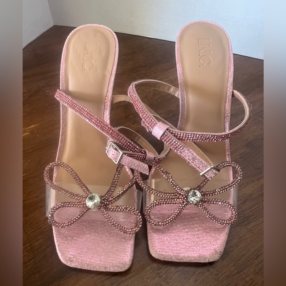 INC International Concepts Pink Rhinestone Bow Heels Sandals Strap Stiletto 9